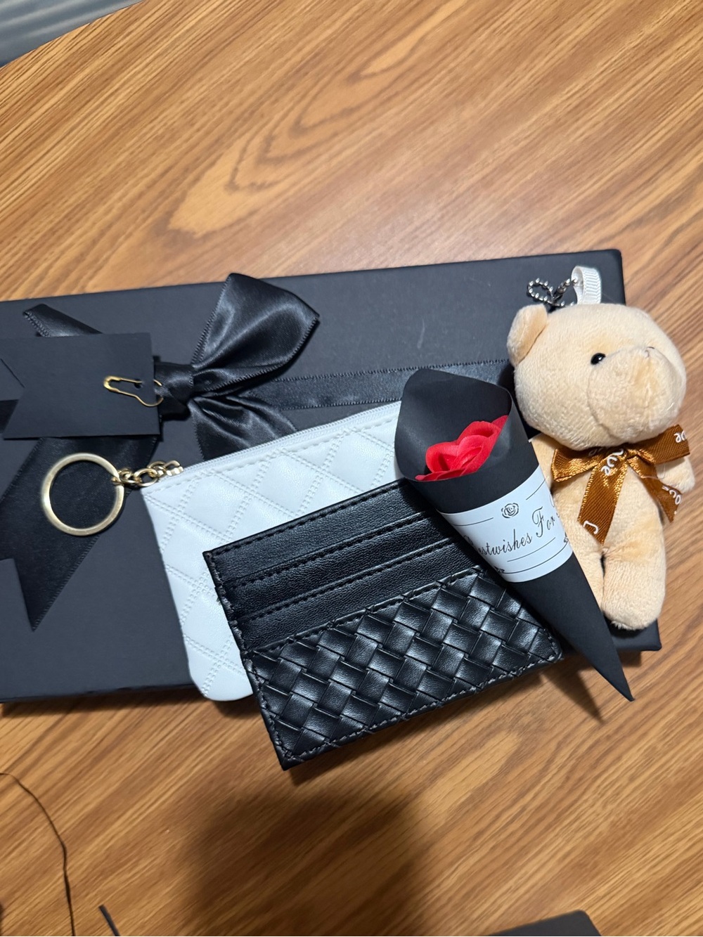 Black Quilted and Woven Card Holder with Keyring, coin pouch, and bag charm
